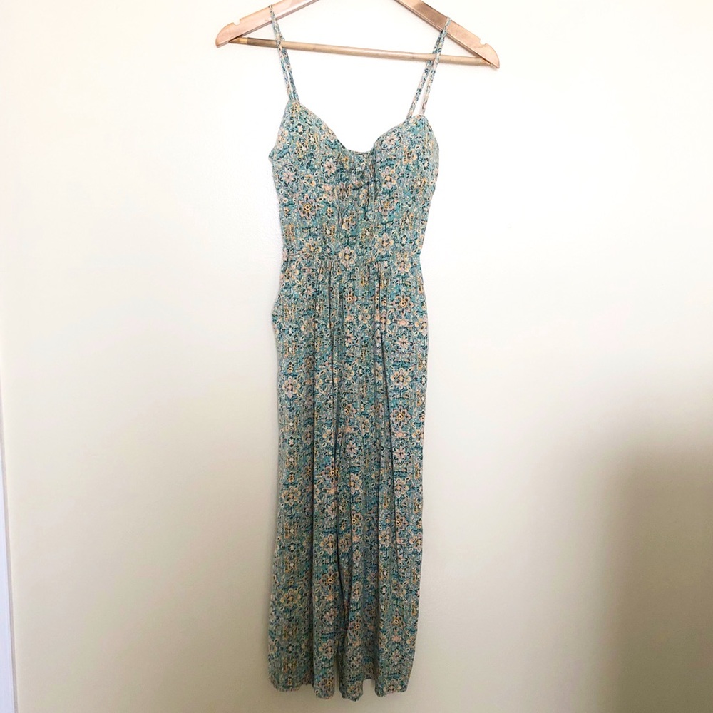 Jumpsuit teal/green, yellow floral adjustable straps, padded, women’s size small